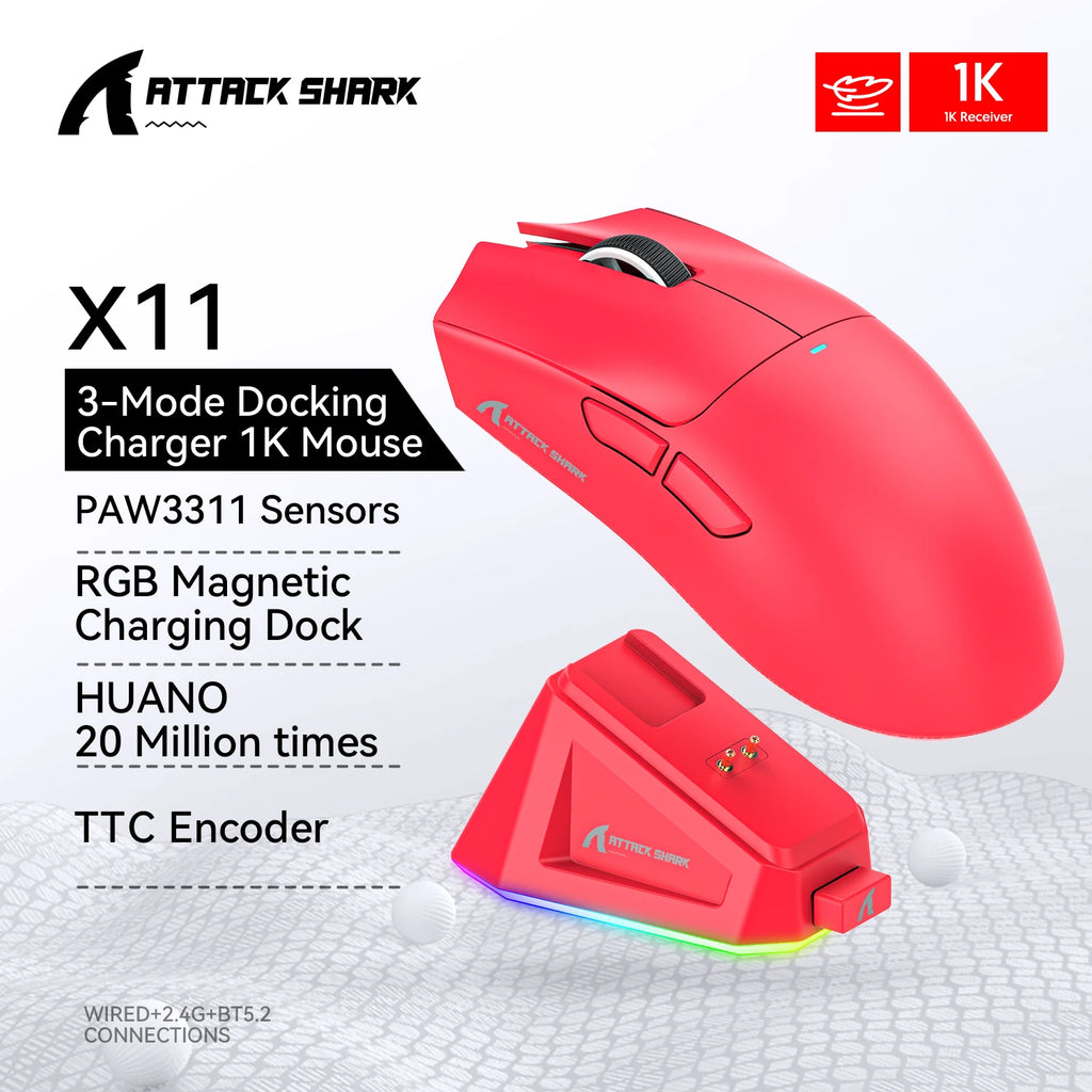 X11 Wireless Bluetooth Mouse,Paw3311 Three Mode 2.4G 400IPS RGB PC Gaming Mouse