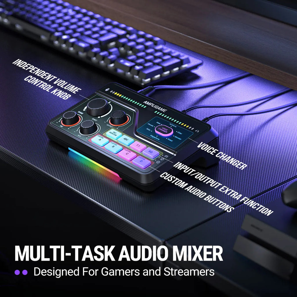 SC8 Audio Mixer with RGB Lighting & Voice Changer, XLR Mic Preamp, 3 EQ Modes, Plug & Play for Gaming/Streaming/Podcast