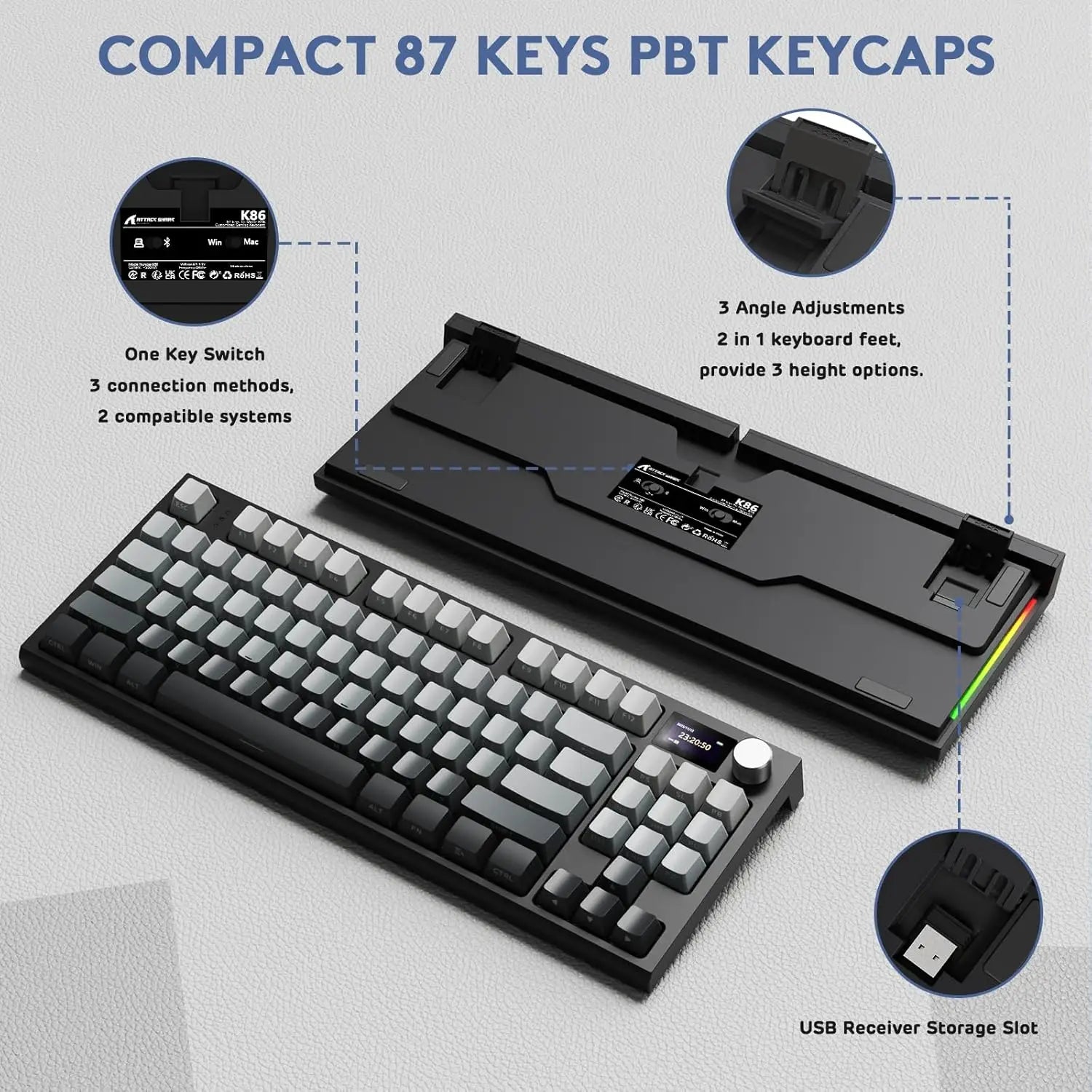 K86 RGB 75% Wireless Gasket Mechanical Keyboard,3-Mode Bluetooth5.0/2.4G/Usb-C Hot Swappable Gaming Keyboard