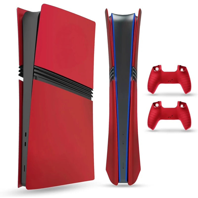 Faceplate for PS5 Pro (Digital、Disc Edition), Cover Plate, ABS Shell, Matt Skin, with Extra 2 Controller Silicone Covers (Red)