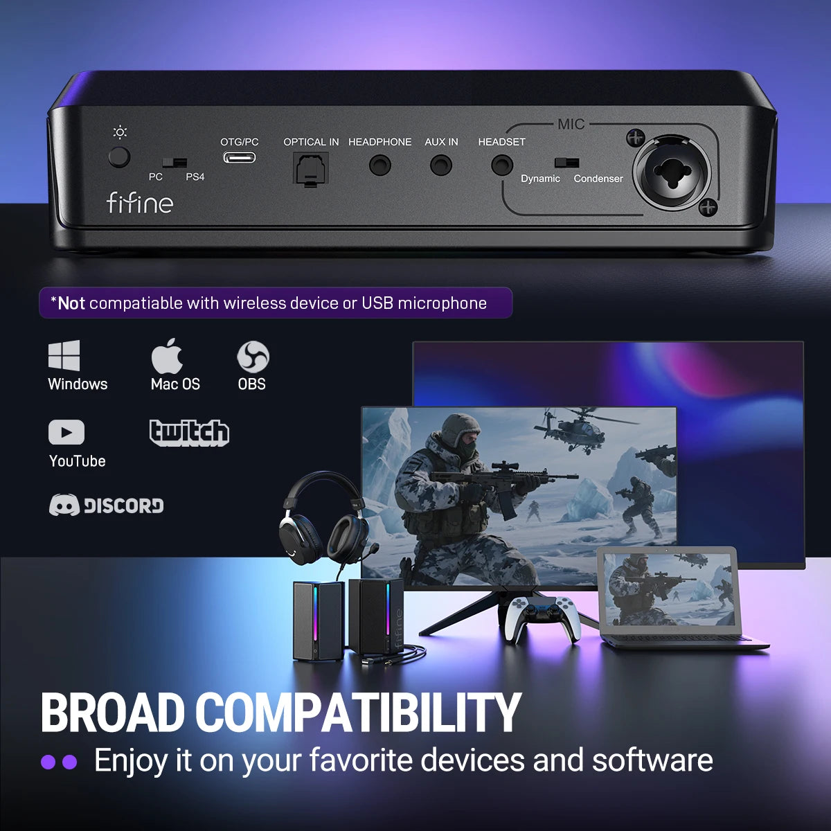 SC8 Audio Mixer with RGB Lighting & Voice Changer, XLR Mic Preamp, 3 EQ Modes, Plug & Play for Gaming/Streaming/Podcast