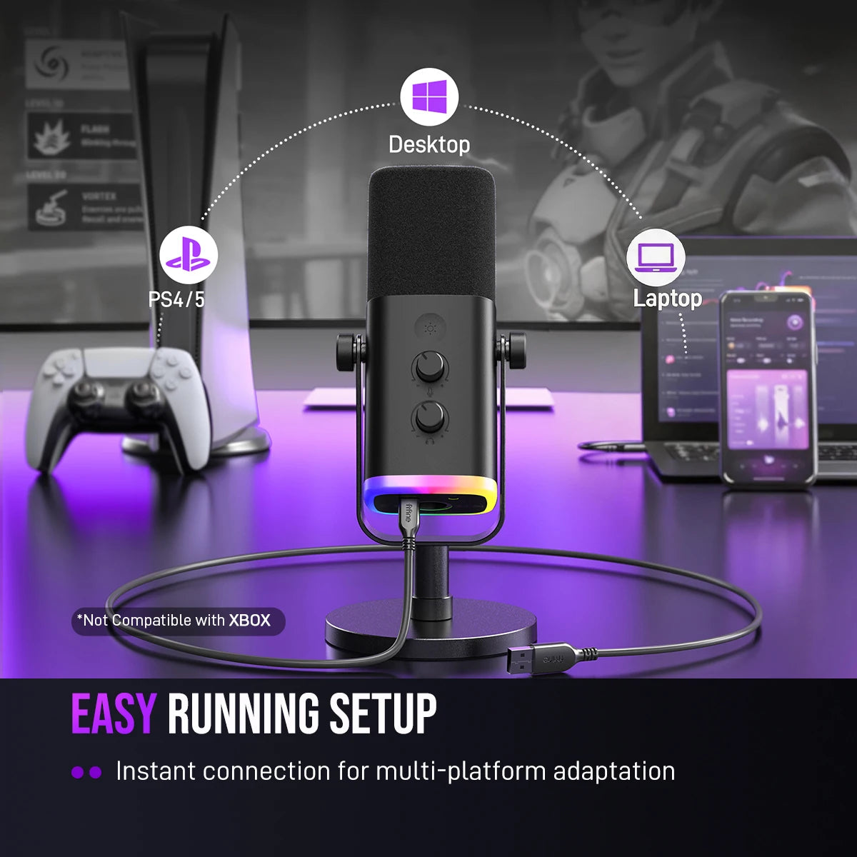 USB/XLR Dynamic Microphone with RGB Control/Headphone Jack/Mute,Mic for PC Gaming Recording Streaming Ampligame-Am8