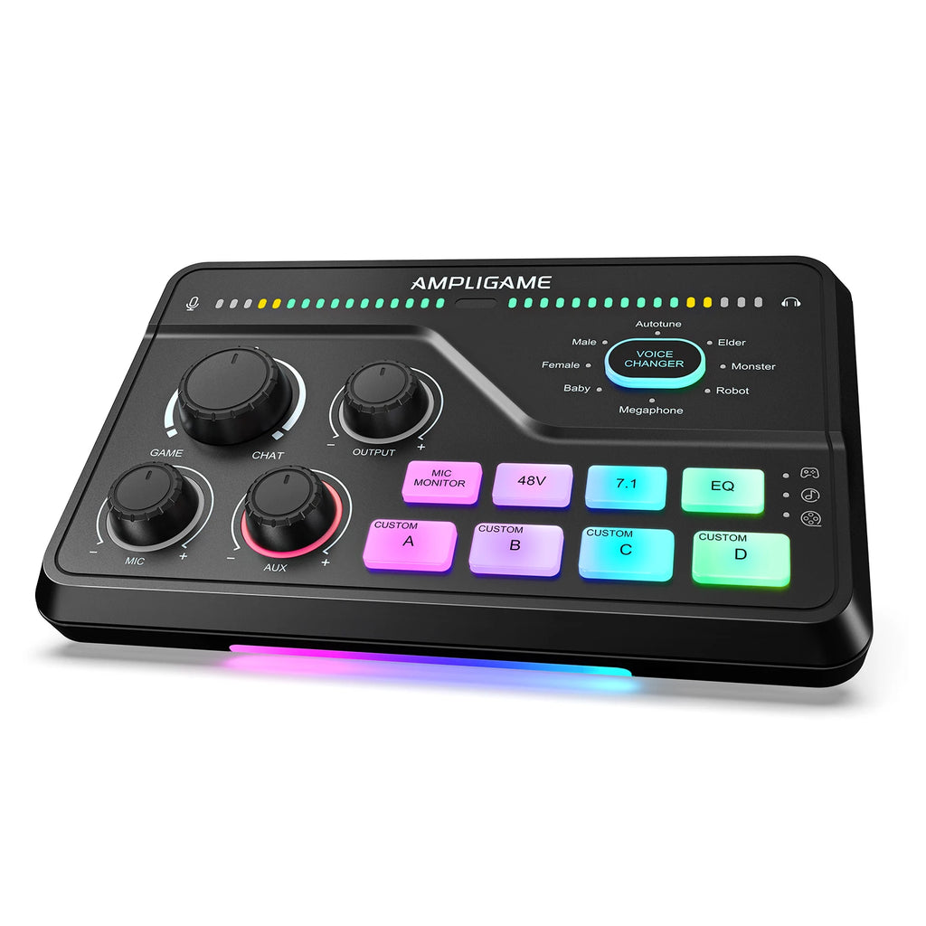 SC8 Audio Mixer with RGB Lighting & Voice Changer, XLR Mic Preamp, 3 EQ Modes, Plug & Play for Gaming/Streaming/Podcast