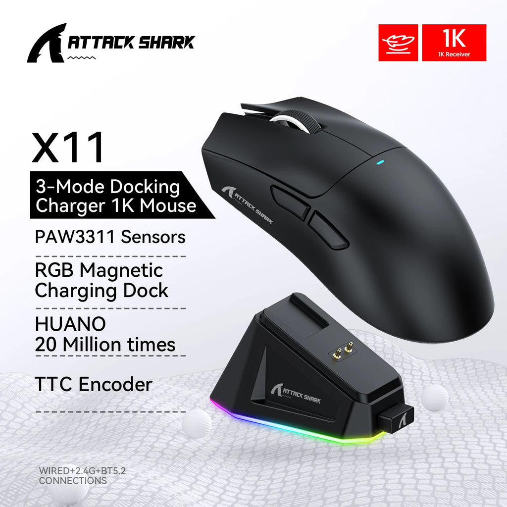 X11 Wireless Bluetooth Mouse,Paw3311 Three Mode 2.4G 400IPS RGB PC Gaming Mouse