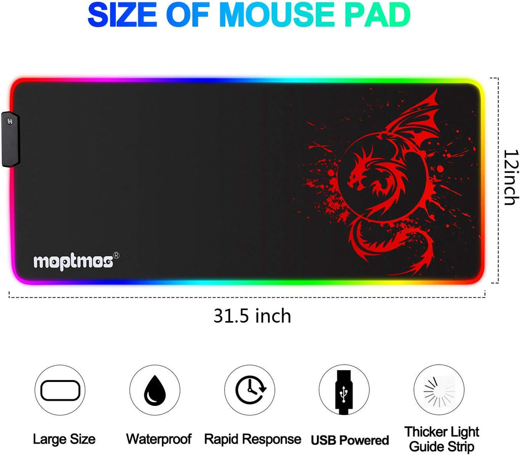 RGB Gaming Mouse Pad Anime Dragon Mousepad Mat LED with 15 Lighting Modes for Computer 31.5 X 12 Inch (Red)