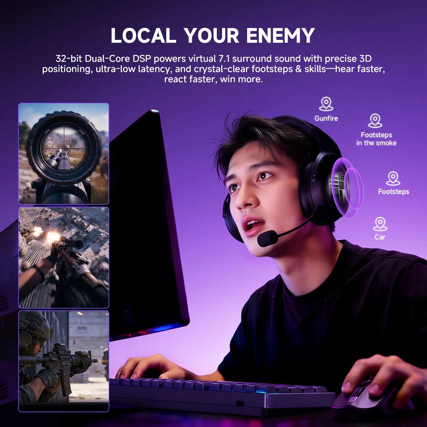 Verge S9 E-Sports Headset with Mic Quad-Mode Gaming Headphone 7.1 Channel Surround Sound Pro-Tuned FPS Audio 53Mm Driver
