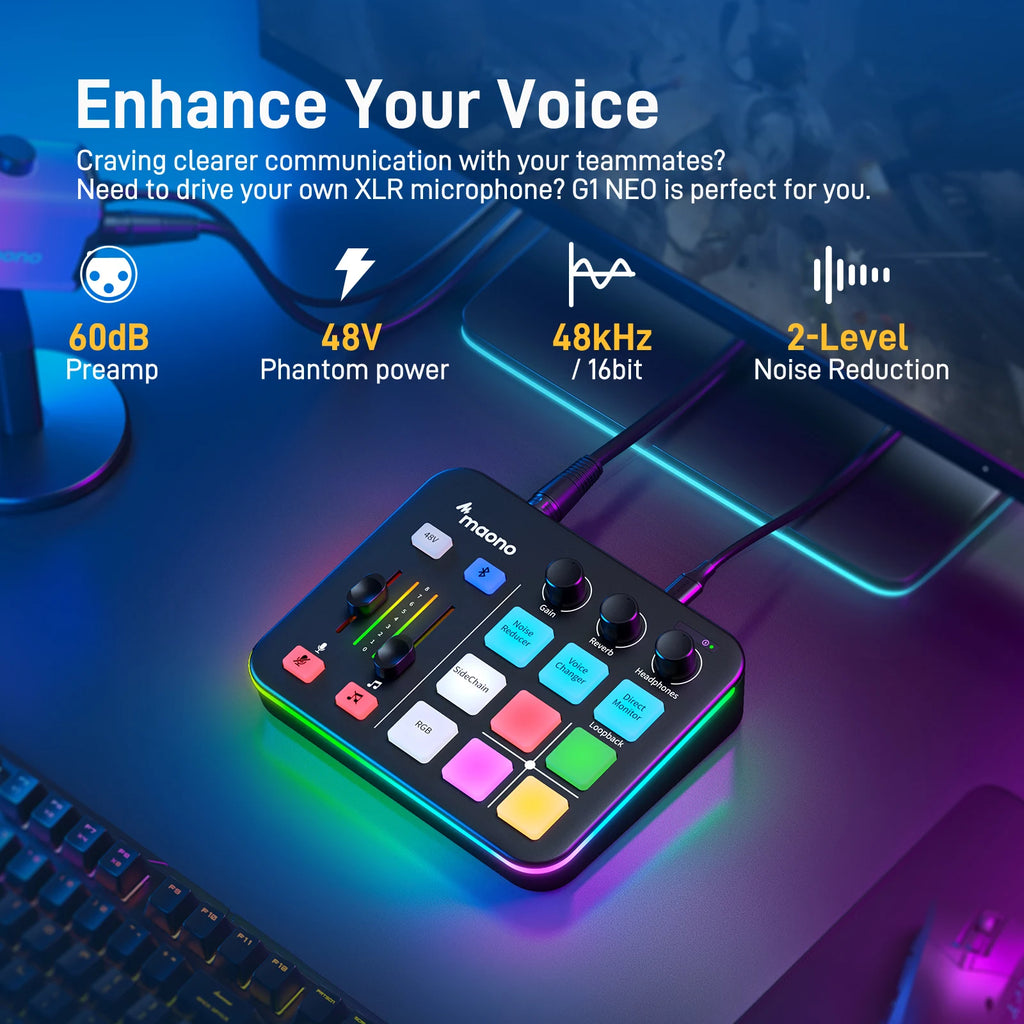 G1 NEO Gaming Audio Mixer Custom Sound Effects RGB Streaming with XLR Microphone Audio Interface for Game Voice Podcast