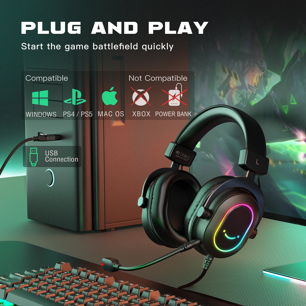 Dynamic RGB Gaming Headset with Mic Over-Ear Headphones 7.1 Surround Sound PC PS4 PS5 3 EQ Options Game Movie Music