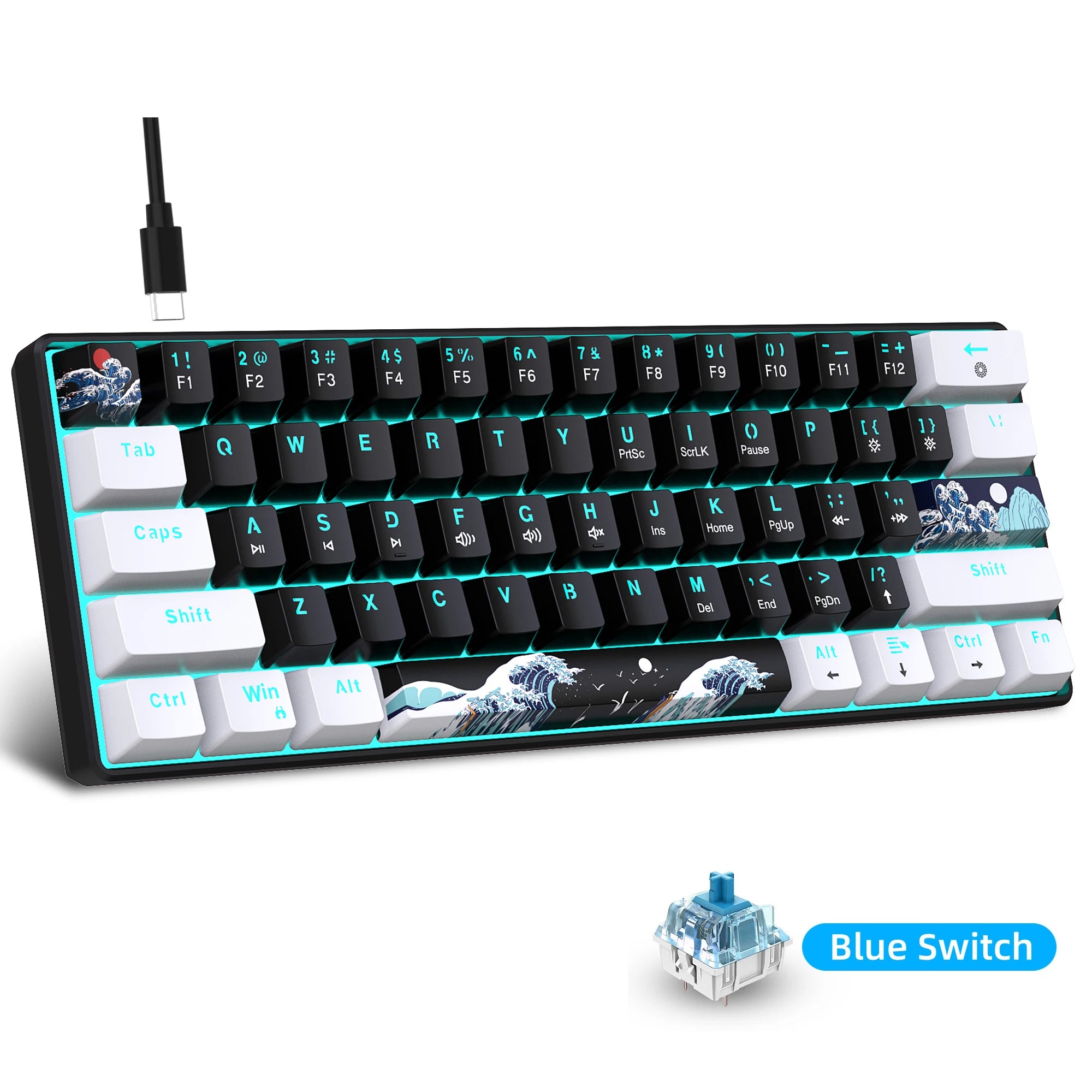60% Mechanical Keyboard, Gaming Keyboard with Blue Switches and Sea Blue Backlit Small Compact