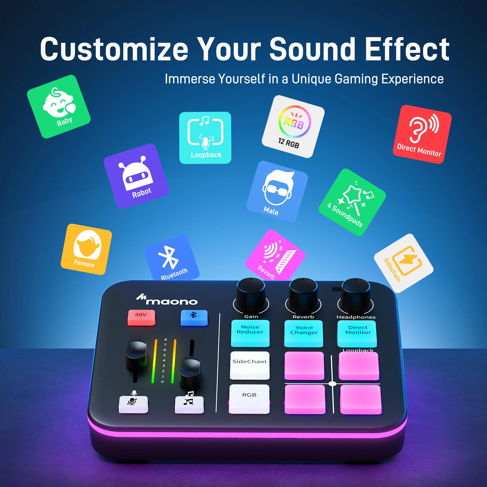 G1 NEO Gaming Audio Mixer Custom Sound Effects RGB Streaming with XLR Microphone Audio Interface for Game Voice Podcast