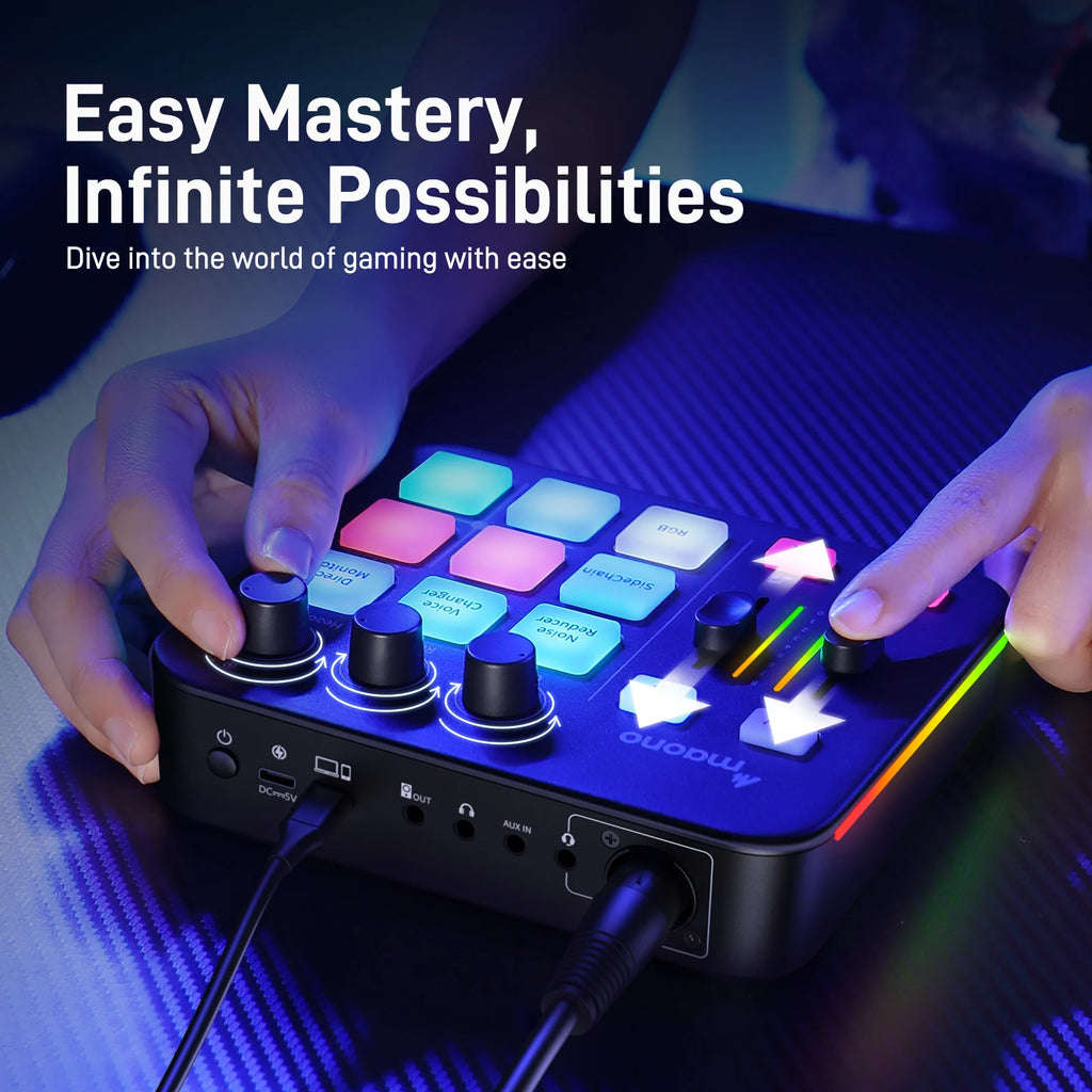 G1 NEO Gaming Audio Mixer Custom Sound Effects RGB Streaming with XLR Microphone Audio Interface for Game Voice Podcast