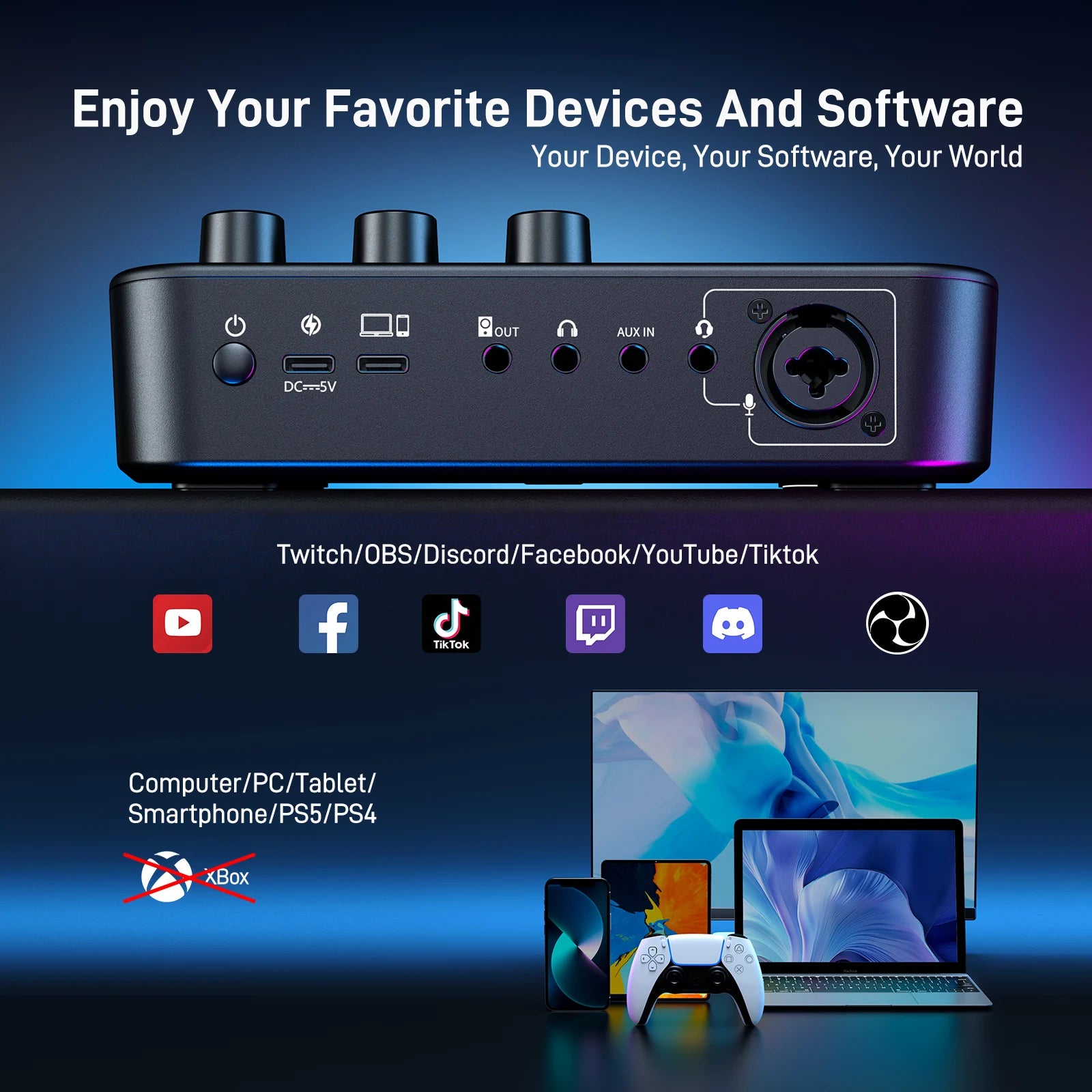 G1 NEO Gaming Audio Mixer Custom Sound Effects RGB Streaming with XLR Microphone Audio Interface for Game Voice Podcast