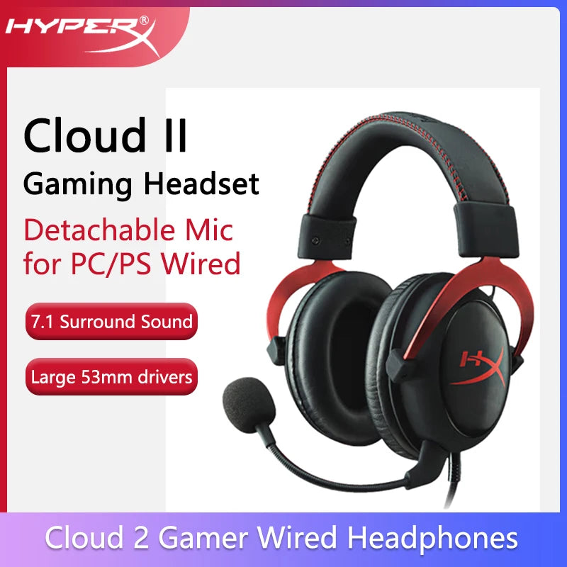 Cloud II Gaming Headset Hi-Fi 7.1 Surround Sound/Detachable Mic/Usb Sound Card for PC PS Cloud 2 Wired Gaming Headphone