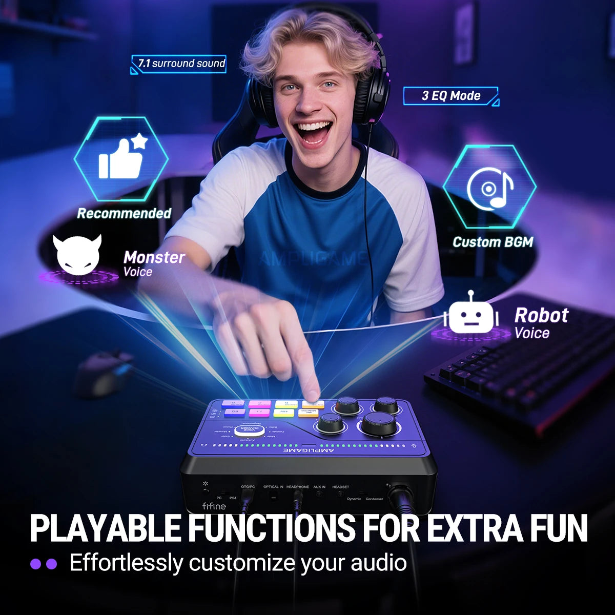 SC8 Audio Mixer with RGB Lighting & Voice Changer, XLR Mic Preamp, 3 EQ Modes, Plug & Play for Gaming/Streaming/Podcast