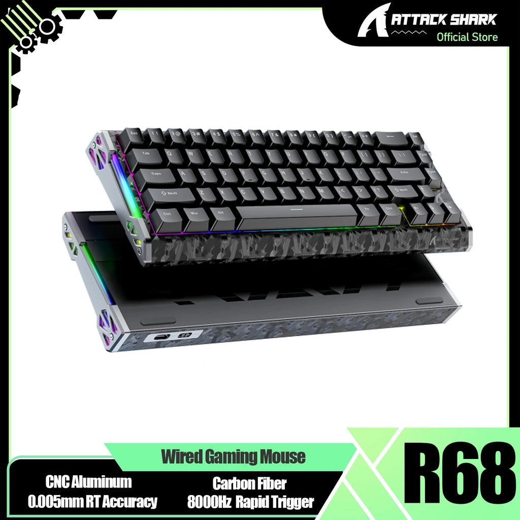R68 HE 8000Hz Carbon Fiber Rapid Trigger Gaming Keyboard, 60% RGB Hall Effect Wired Magnetic Keyboard, CNC Aluminum