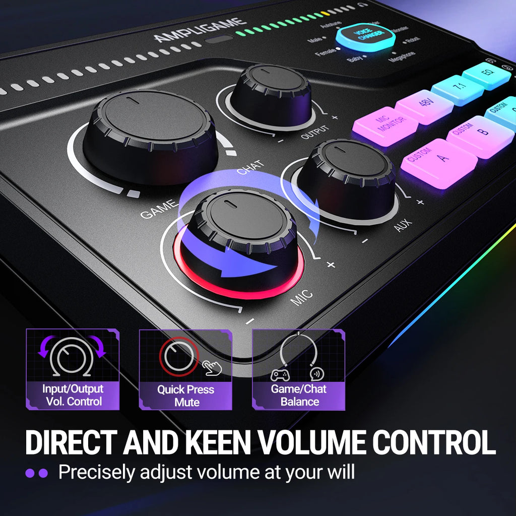 SC8 Audio Mixer with RGB Lighting & Voice Changer, XLR Mic Preamp, 3 EQ Modes, Plug & Play for Gaming/Streaming/Podcast