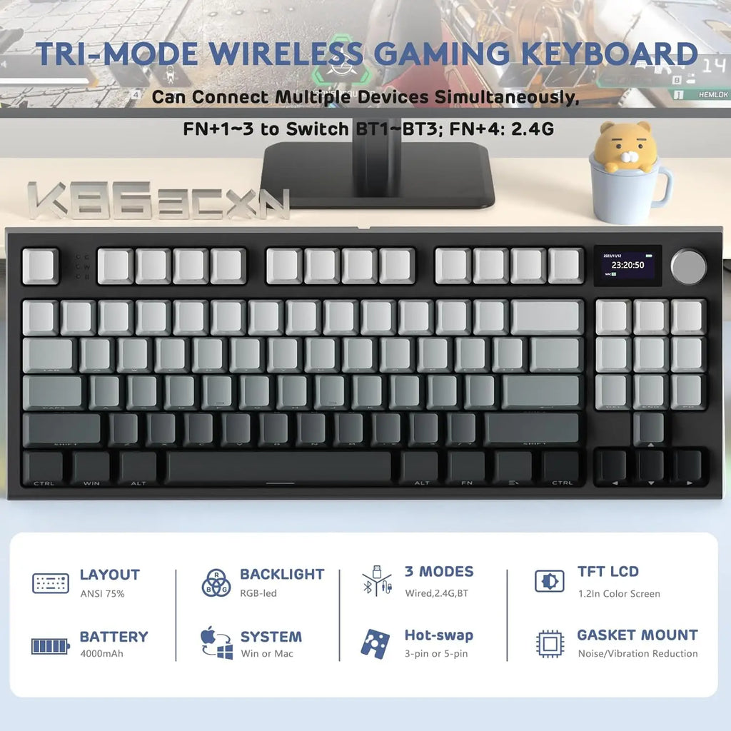 K86 RGB 75% Wireless Gasket Mechanical Keyboard,3-Mode Bluetooth5.0/2.4G/Usb-C Hot Swappable Gaming Keyboard