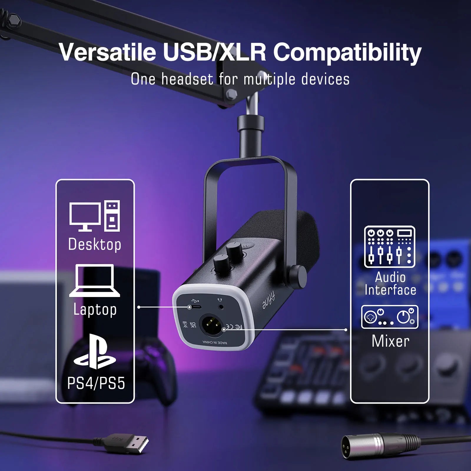 Dynamic XLR Microphone Kit with Boom Arm for Mixer,Gaming USB Mic Set with Rgb,Volume Control for PC PS5/4 Ampligame AM8T