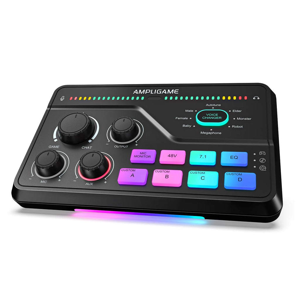 SC8 Audio Mixer with RGB Lighting & Voice Changer, XLR Mic Preamp, 3 EQ Modes, Plug & Play for Gaming/Streaming/Podcast